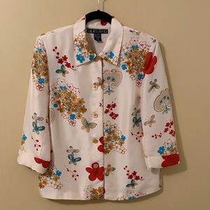 SilkLand Cream Lined Floral Blazer with Red, Blue & Gold Accents 100% Silk